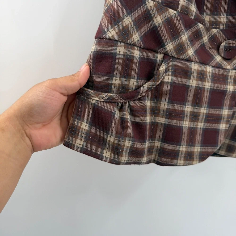 Stooshy Womens Plaid Y2K Short Sleeve Blazer Burgundy Brown Metallic Gold Large - Picture 9 of 12